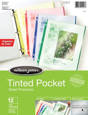 Wilson Jones® Tinted Pocket Sheet Protectors, 8-1/2" x 11",  Assorted Colors, 12/Pack (W21417)