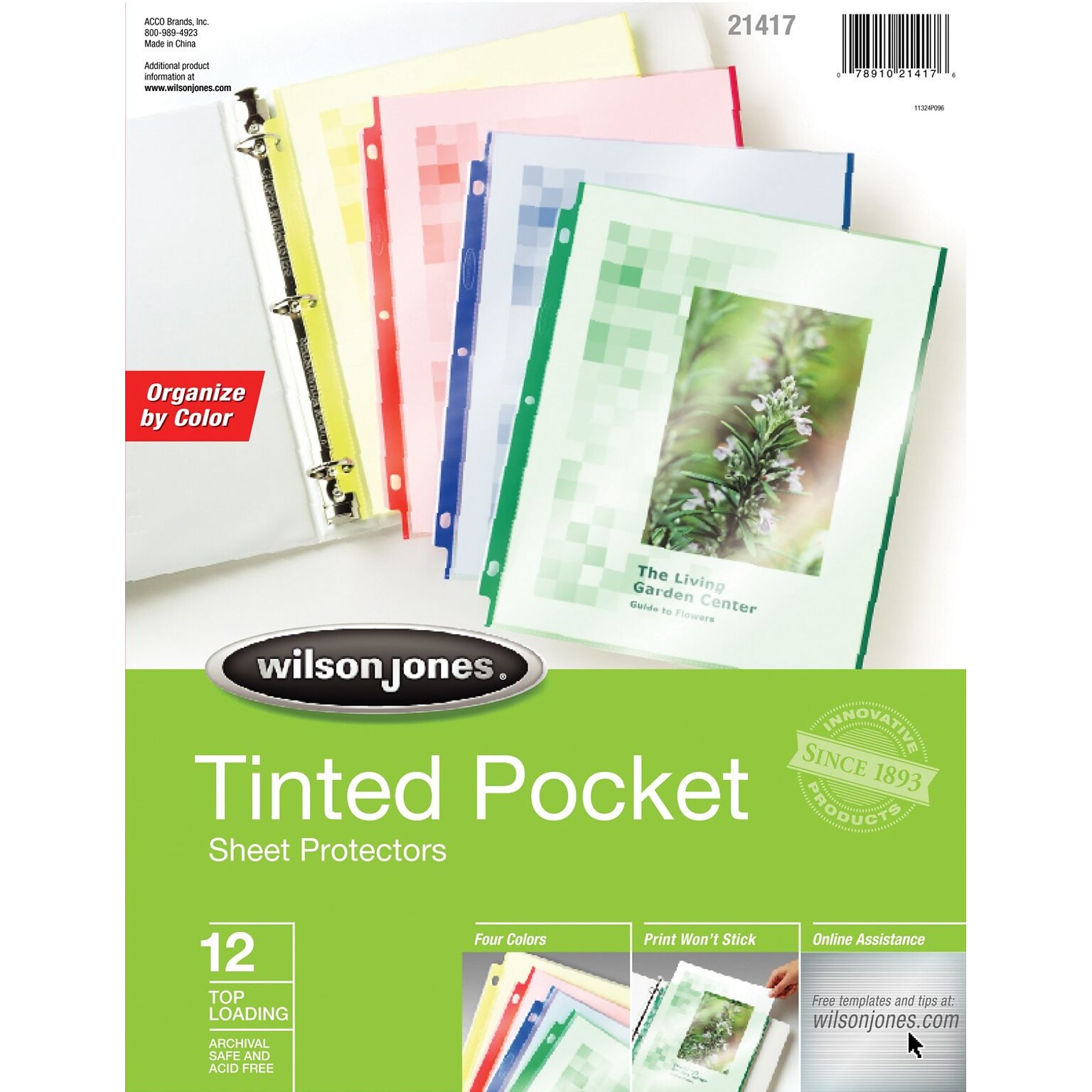 Wilson Jones® Tinted Pocket Sheet Protectors, 8-1/2 x 11,  Assorted Colors, 12/Pack (W21417)