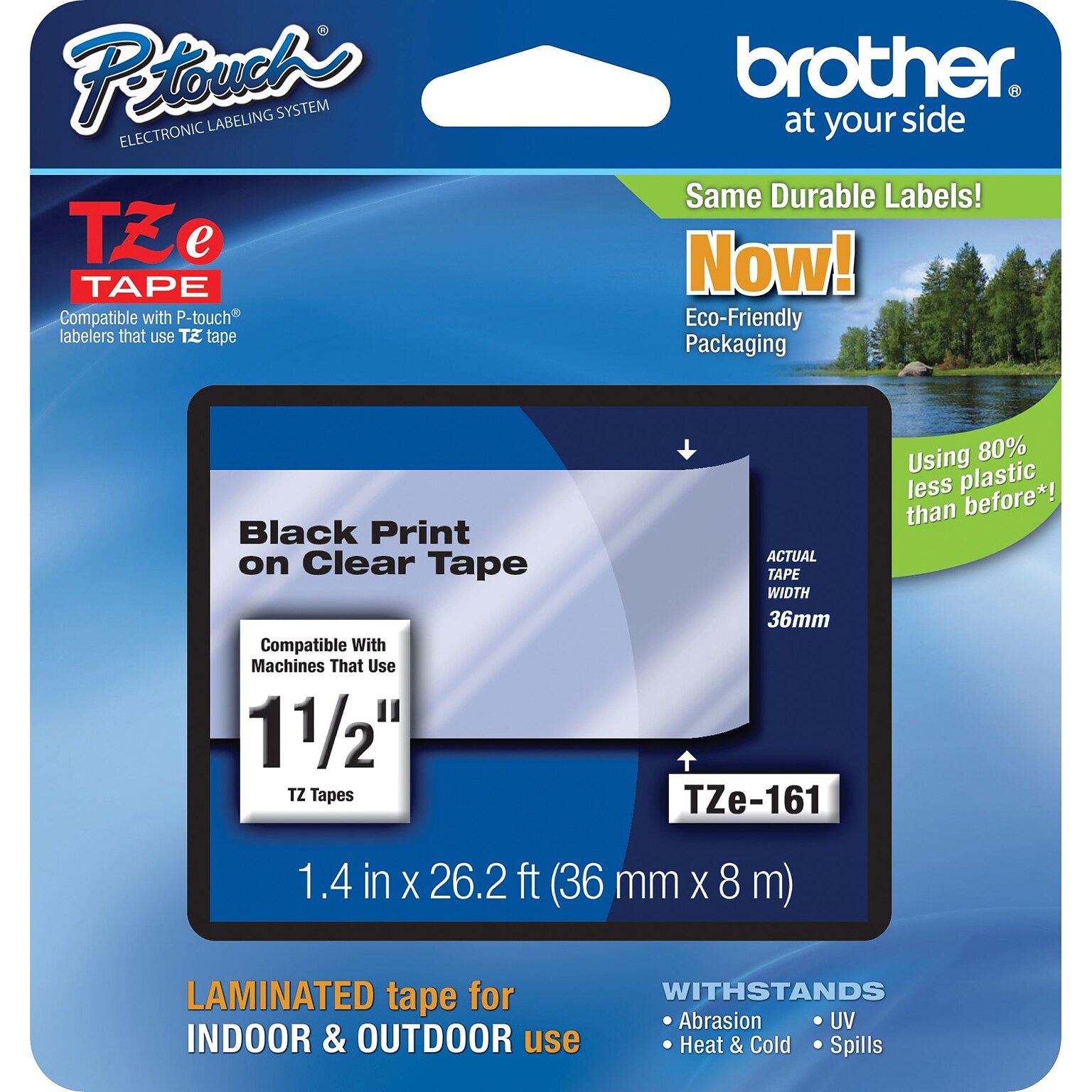 Brother P-touch TZe-161 Laminated Label Maker Tape, 1-1/2 x 26-2/10, Black on Clear (TZe-161)