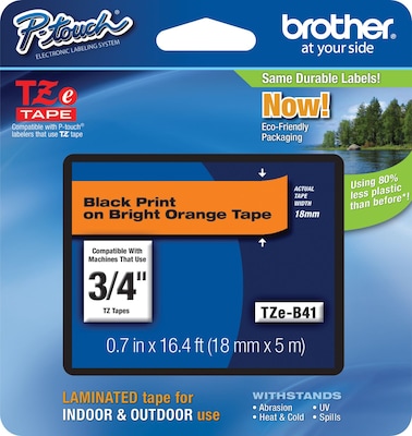 Brother P-touch TZe-B41 Laminated Label Maker Tape, 3/4 x 16-4/10, Black On Fluorescent Orange (TZ