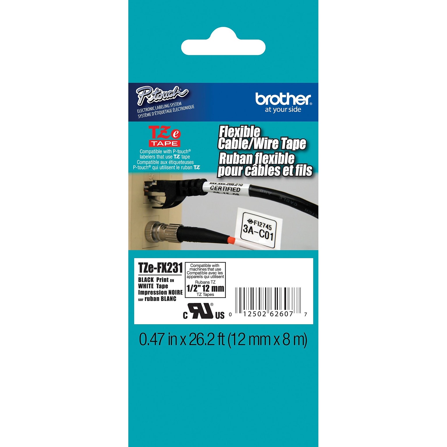 Brother P-touch TZe-FX231 Laminated Flexible ID Label Maker Tape, 1/2 x 26-2/10, Black on White (TZe-FX231)