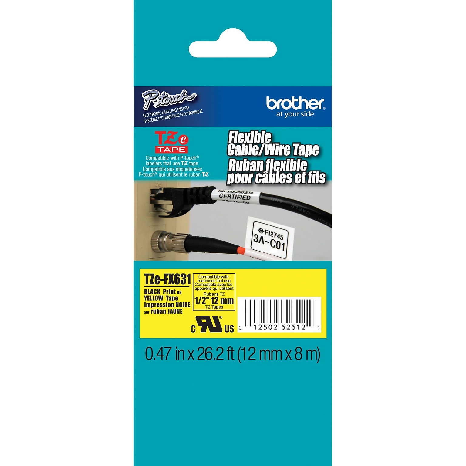 Brother P-touch TZe-FX631 Laminated Flexible ID Label Maker Tape, 1/2 x 26-2/10, Black on Yellow (TZe-FX631)