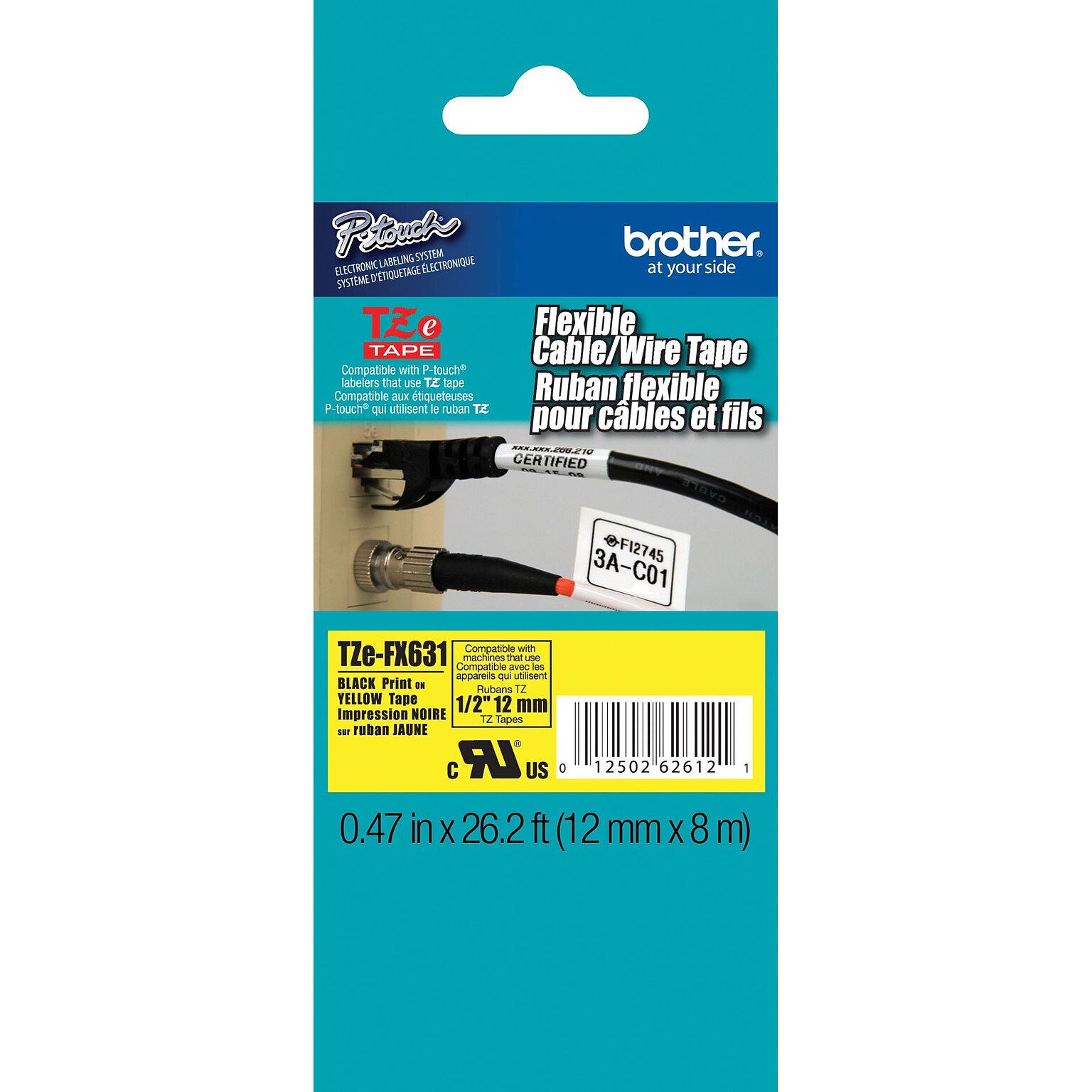 Brother P-touch TZe-FX631 Laminated Flexible ID Label Maker Tape, 1/2 x 26-2/10, Black on Yellow (TZe-FX631)