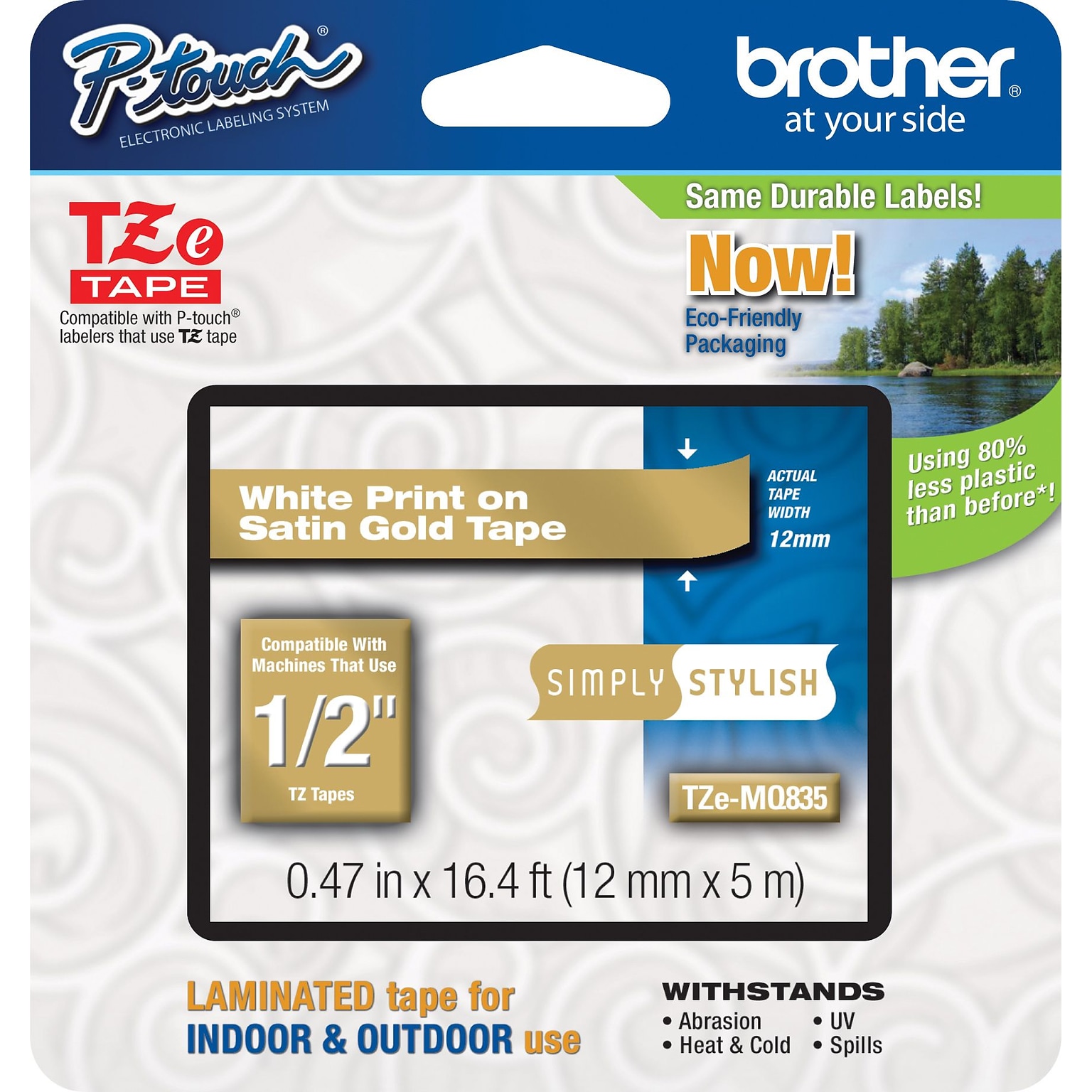 Brother P-touch TZe-MQ835 Laminated Label Maker Tape, 1/2 x 16-4/10, White on Satin Gold (TZe-MQ835)