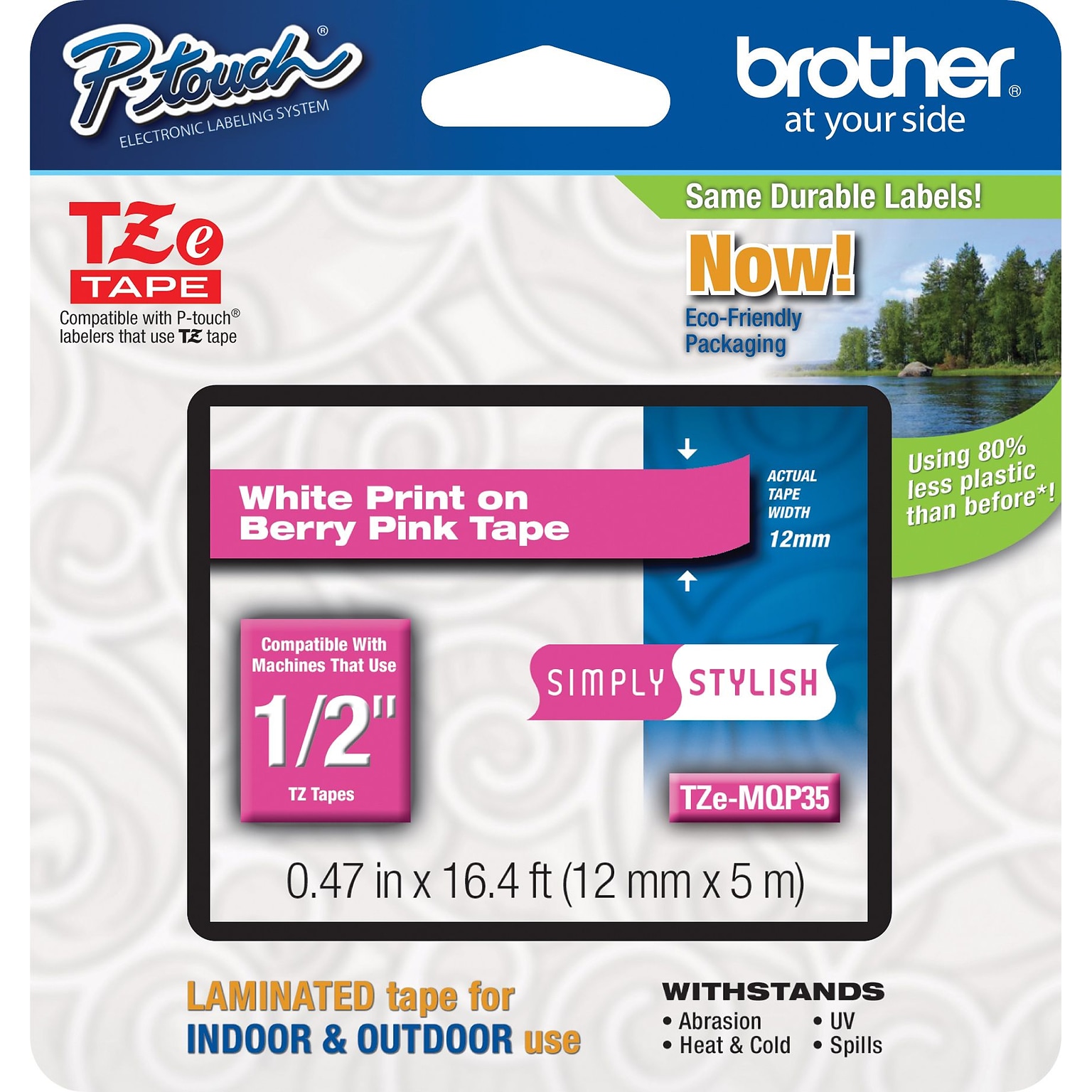 Brother P-touch TZe-MQP35 Laminated Label Maker Tape, 1/2 x 16-4/10, White on Berry Pink (TZe-MQP35)