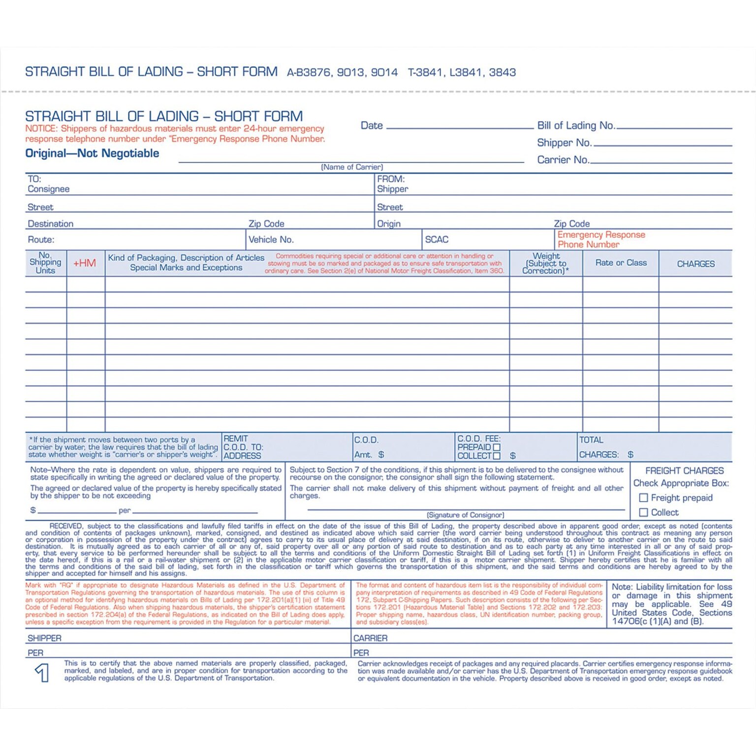 Tops® Snap-Off® Bill Of Lading, Short Forms, 4 Part, 8-1/2 x 7