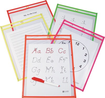 C-Line 9 x 12 Reusable Dry Erase Pocket, Assorted Neon Colors, 10/Pack (CLI40810)