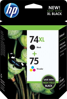 HP 74XL/75 Black High Yield and Tri-Color Standard Yield Ink Cartridge, 2/Pack (CZ139FN#140)