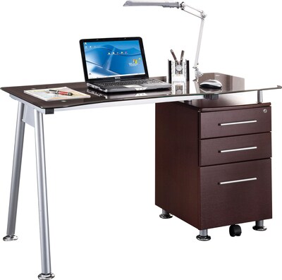 Techni Mobili Tempered Glass Top Computer Desk with Storage, Chocolate