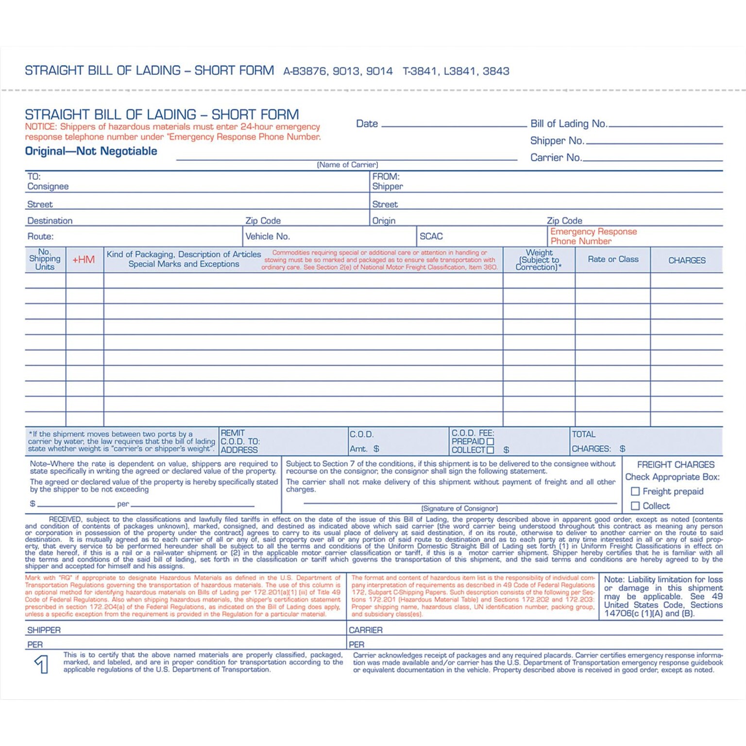 Adams 3-Part Carbonless Bill of Lading, 8-1/2 x 7-7/16, 50 Sets/Book (9013)