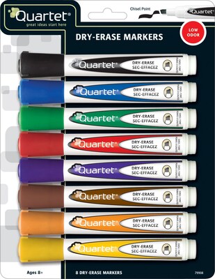 Quartet Low-Odor Dry-Erase Markers, Chisel Tip, Assorted Colors, 8/Pk