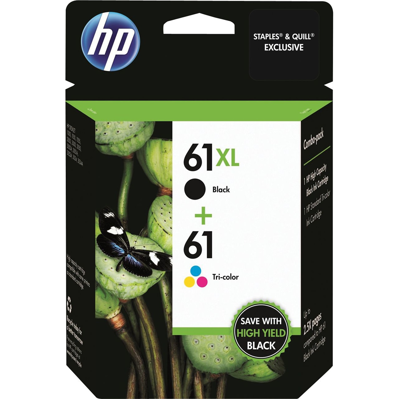 HP 61 Black High Yield and Tri-Color Standard Yield Ink Cartridge, 2/Pack (CZ138FN#140)