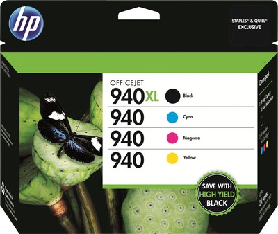 HP 940XL/940 Black High Yield and Cyan/Magenta/Yellow Standard Yield Ink Cartridge, 4/Pack (CZ143FN#140)
