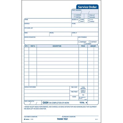 Adams® Service Order Forms, 250/Pack, 5-1/2 x 9