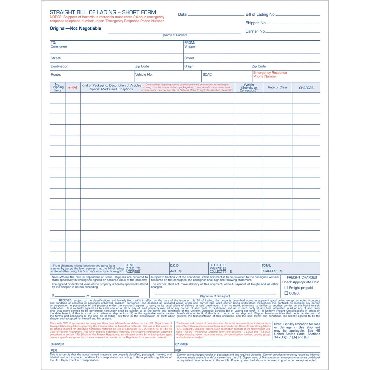 TOPS® Bill of Lading Unit Set, Ruled, 4-Part Carbonless, 11-7/16 x 8-1/2, 50/Pack (3847)