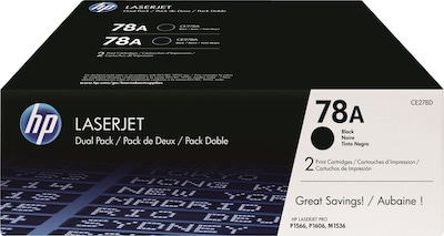 HP 78A Black Standard Yield Toner Cartridge, 2/Pack (CE278D)