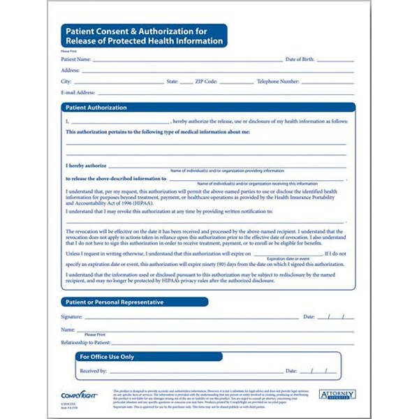 ComplyRight HIPAA Patient Consent and Authorization Form (A1350)
