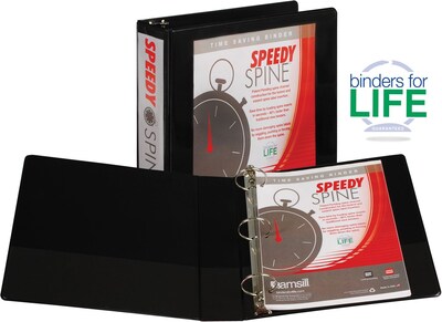 Samsill Speedy Spine™ Time Saving / Easy Spine Label Inserting 3 Ring View Binder, 2 Round Ring, Black (18160C)