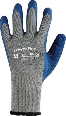 Ansell® PowerFlex® Coated Gloves, Poly/Cotton Knit, Continuous Cuff, Size 9, Grey/Blue, 12 Pair/Box