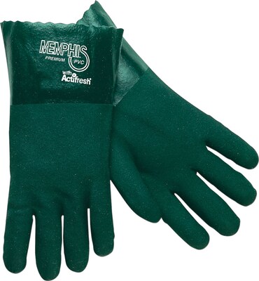Memphis Gloves Double Dipped Gloves, PVC, 14 Gauntlet Cuff, Green, Large, 12 Pairs (6218)