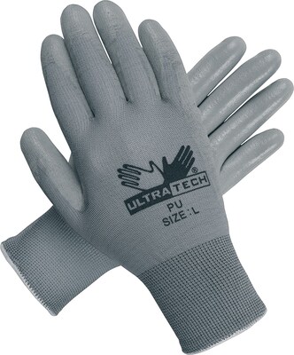 Memphis Gloves® UltraTech® Coated Gloves, Polyurethane, Hemmed Cuff, L Size, Grey, 12 Pairs