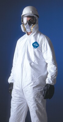DuPont® Tyvek® Coverall, 4XL Size, Collar, Front Zipper, White, Serged Seams, 25/CT