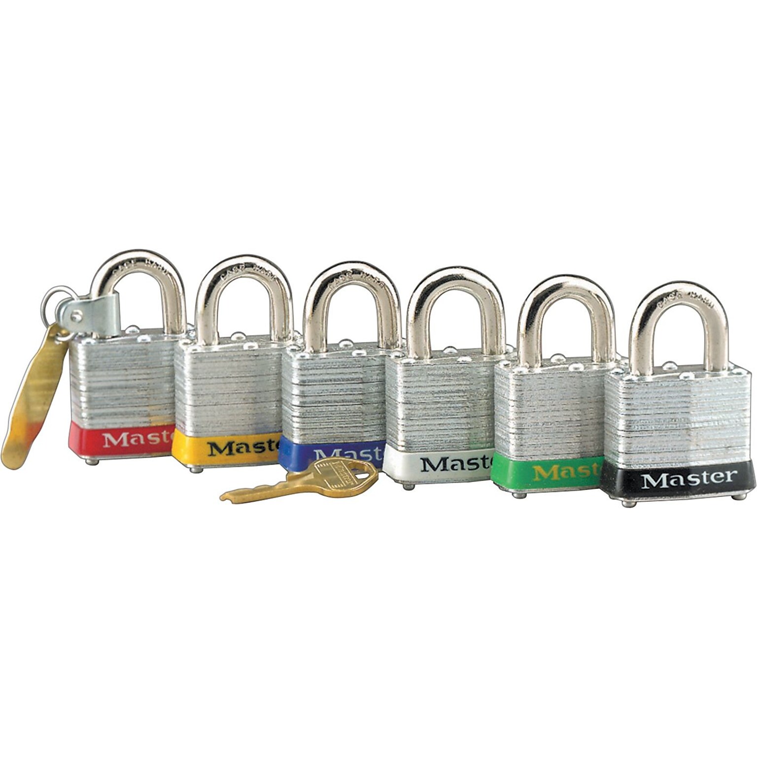 Master Lock® Safety Tumbler Padlock, 4 pin, Laminated Steel, Red, 6/Box