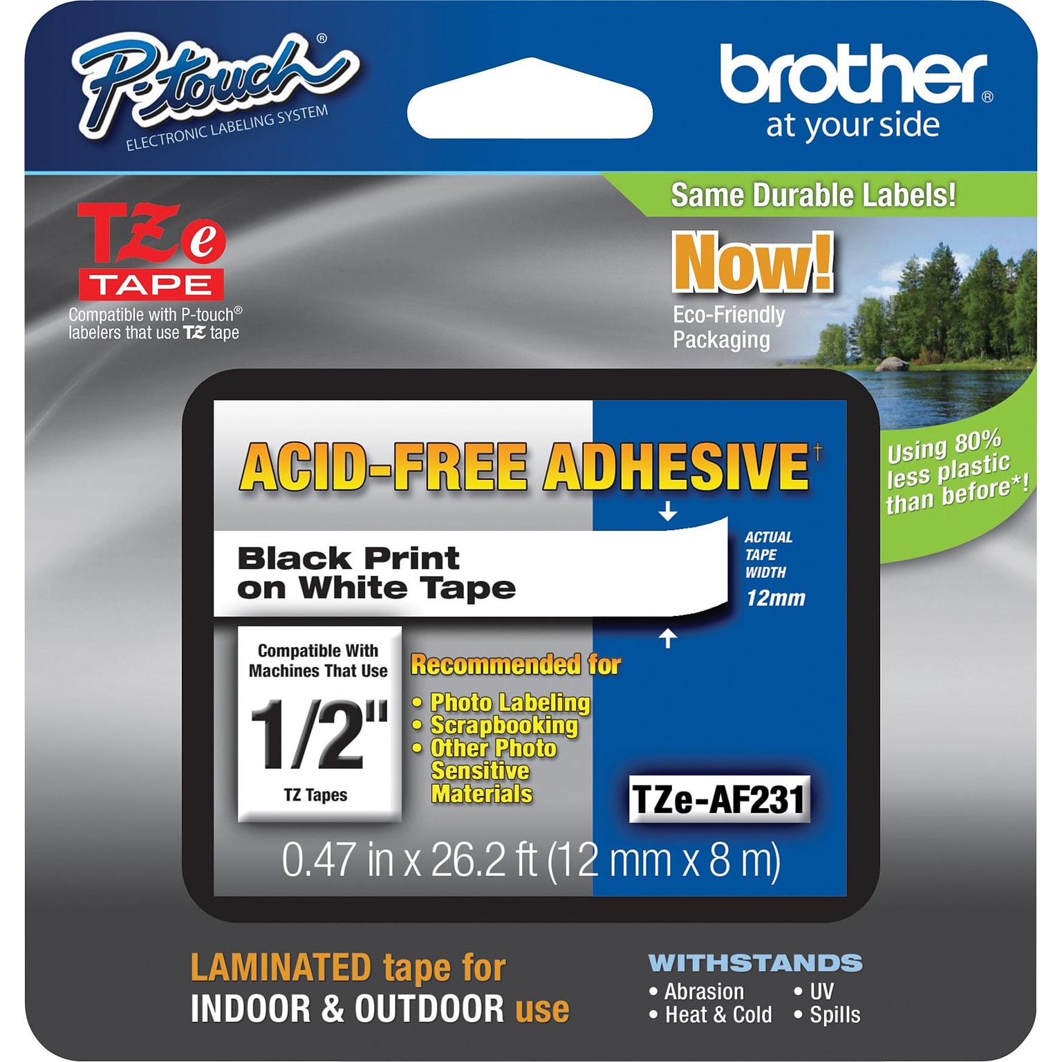 Brother P-touch TZe-AF231 Laminated Acid Free / Photo Safe Label Maker Tape, 1/2 x 26-2/10, Black on White (TZe-AF231)