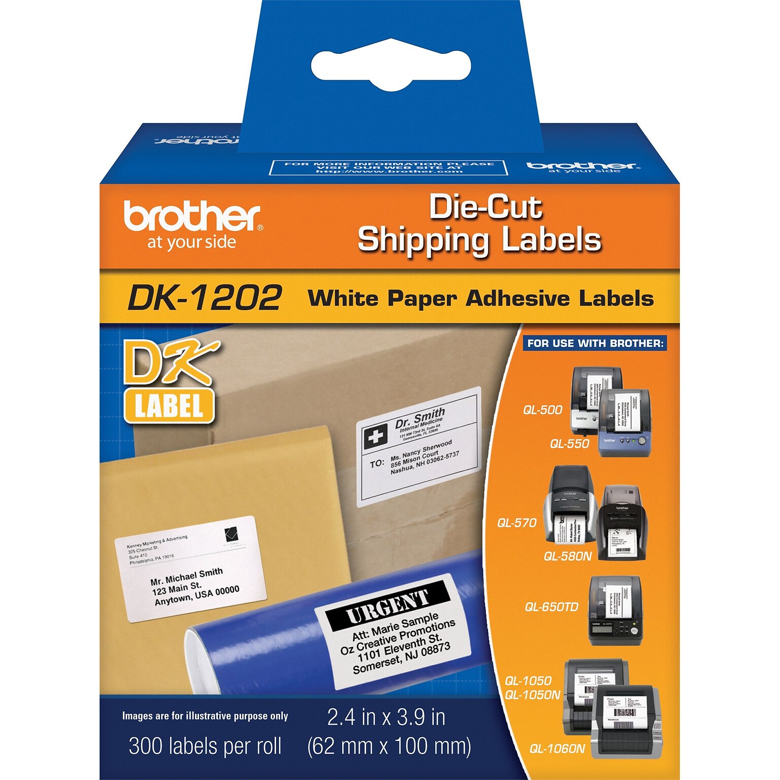 Brother DK-1202 Shipping Paper Labels, 3-9/10 x 2-4/10, Black on White, 300 Labels/Roll (DK-1202)