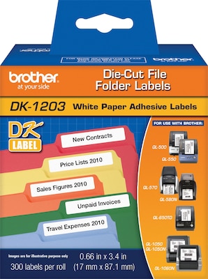 Brother DK-1203 File Folder Paper Labels, 3-4/10 x 2/3, Black on White, 300 Labels/Roll (DK-1203)