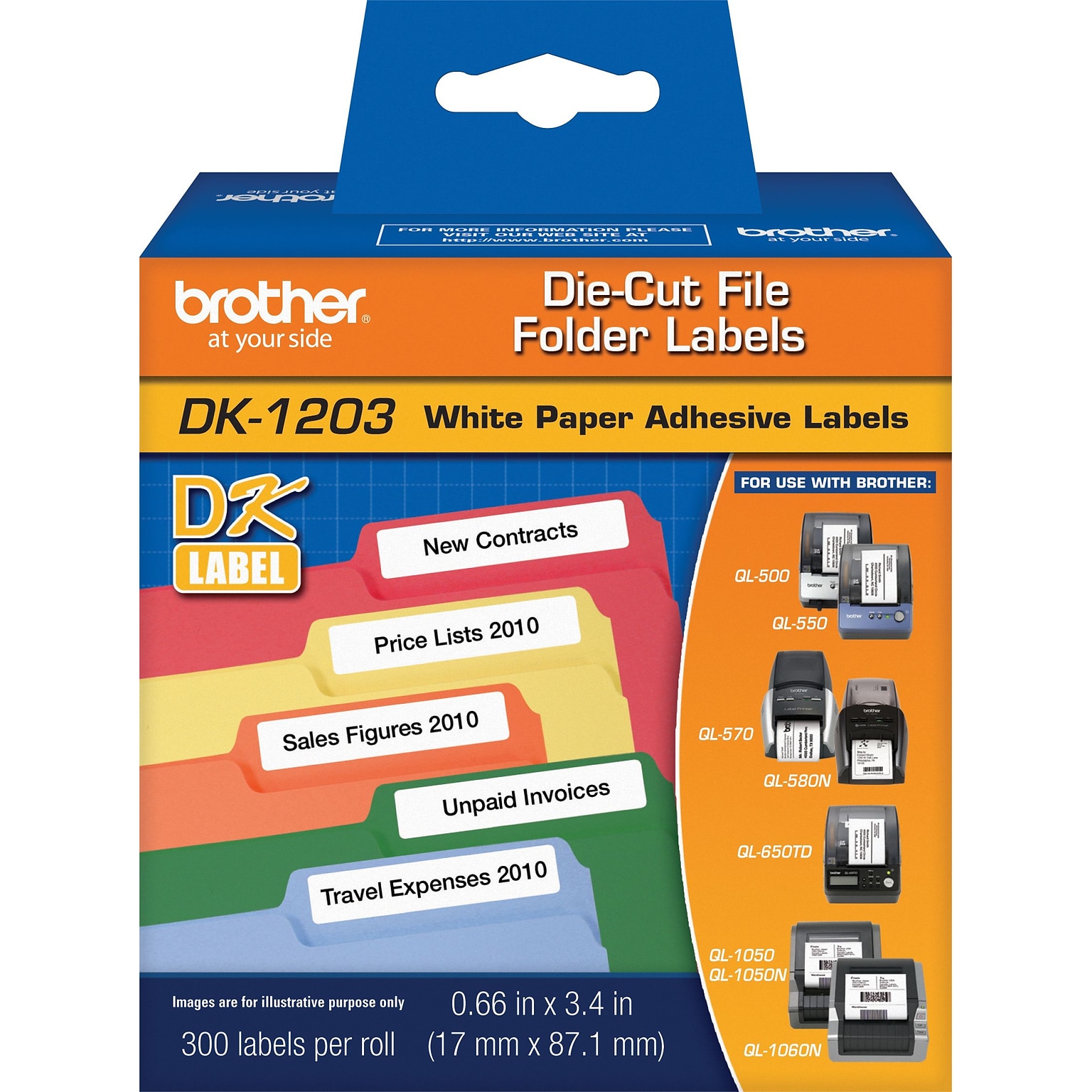 Brother DK-1203 File Folder Paper Labels, 3-4/10 x 2/3, Black on White, 300 Labels/Roll (DK-1203)