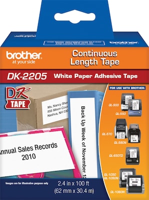 Brother DK-2205 Wide Width Continuous Paper Labels, 2-4/10 x 100, Black on White (DK-2205)