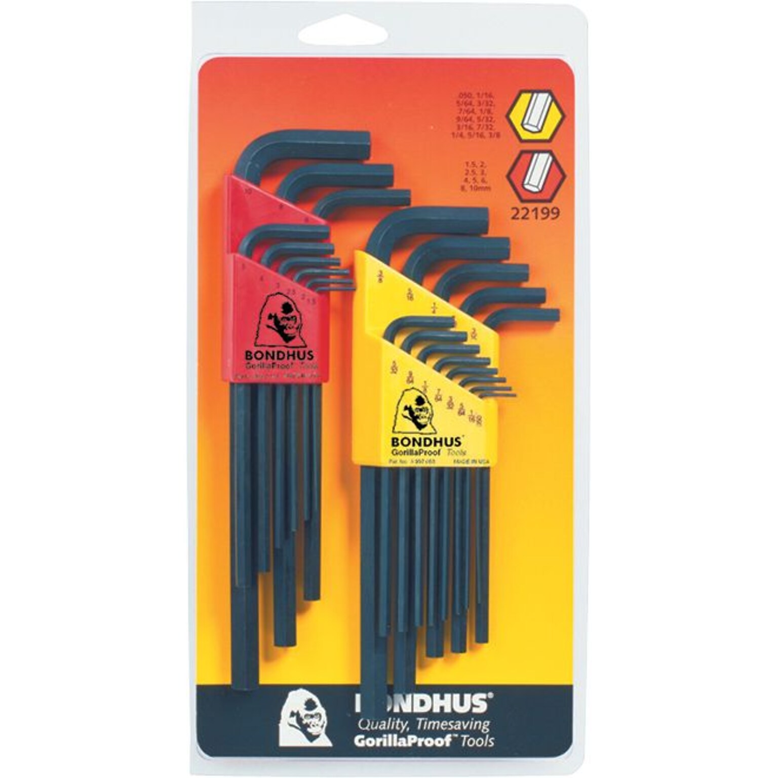 Bondhus® 22 Pieces Long Length Combination Hex Key Set, 0.05-3/8 Inches, 1.5-10 mm