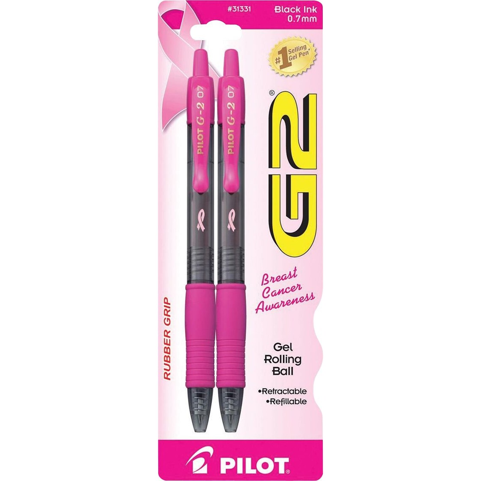 Pilot G2 BCA Retractable Gel Pens, Fine Point, Black Ink, 2/Pack (31331)