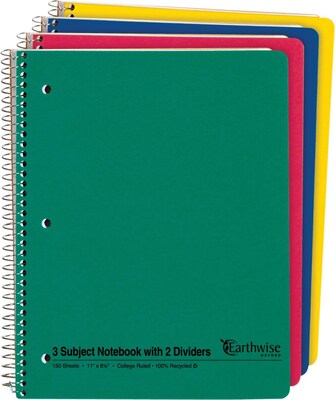 Oxford Earthwise Recycled 3-Subject Notebook, 8 1/2" x 11", College Ruled, 150 Sheets, Assorted Colors (25-435)