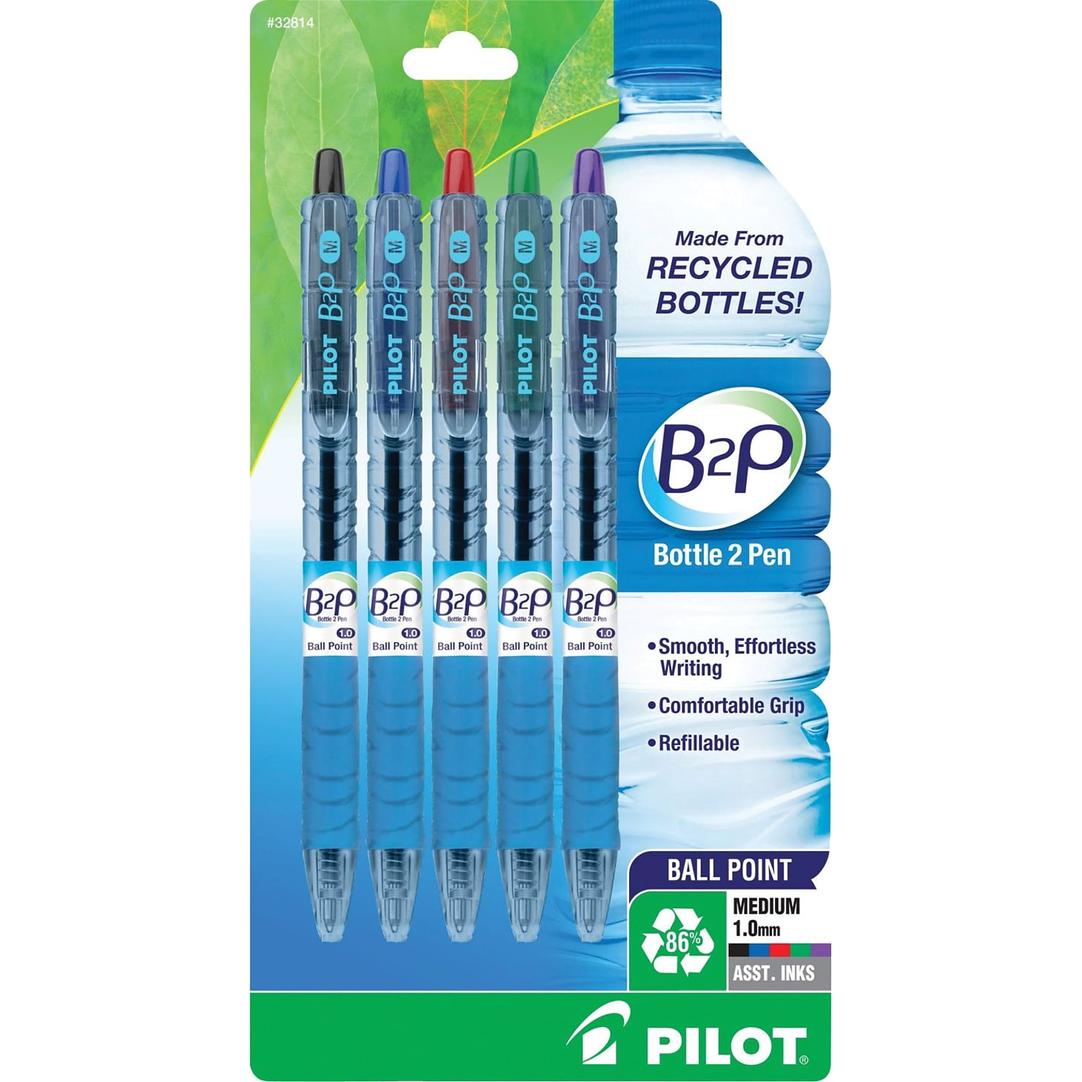 Pilot B2P Bottle 2 Pen Retractable Ballpoint Pens, Medium Point, Assorted Ink, 5/Pack (32814)