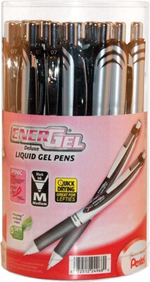 Pentel EnerGel Deluxe Pink Ribbon Retractable Gel-Ink Pens, Medium Point, Black Ink, 36/Pack