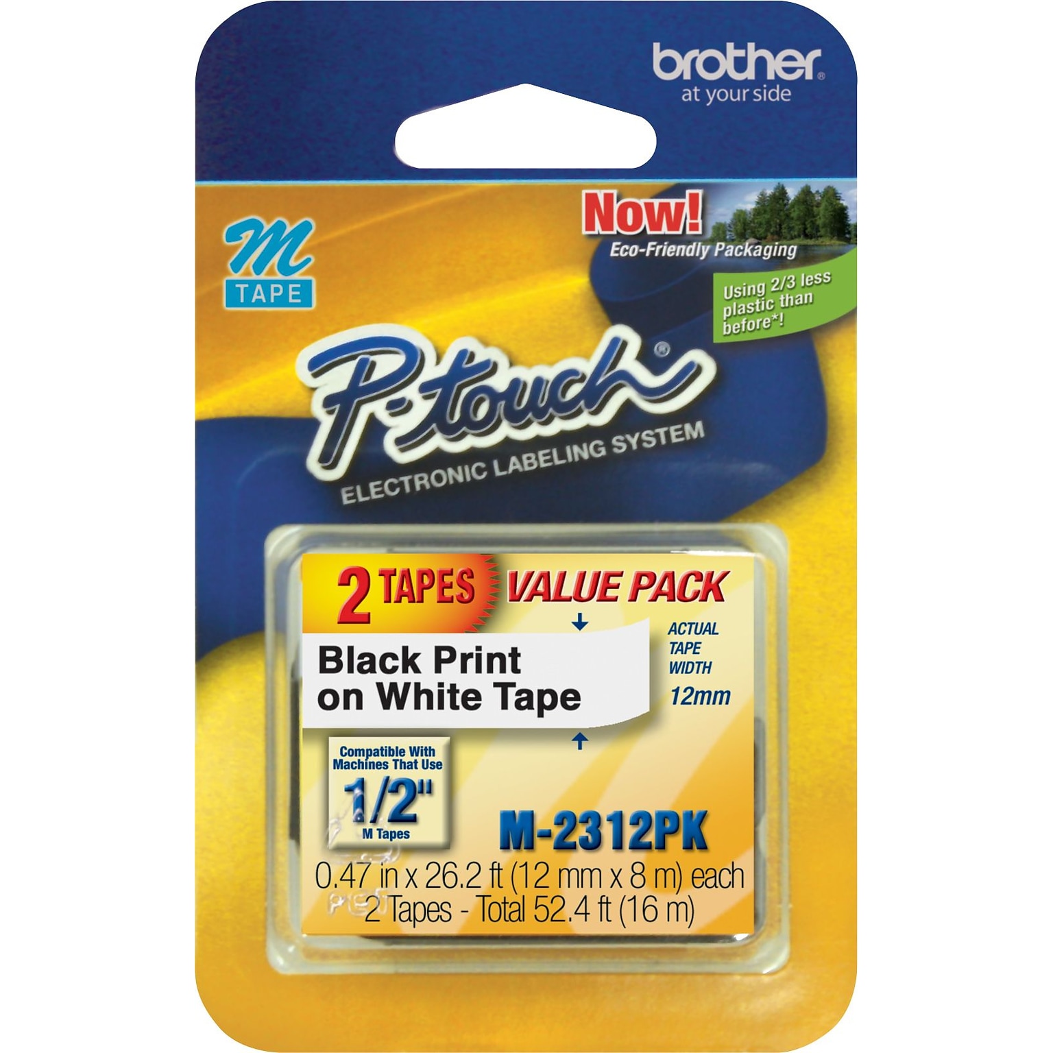 Brother P-touch M-231 Label Maker Tape, 1/2 x 26-2/10, Black on White, 2/Pack (M-2312PK)