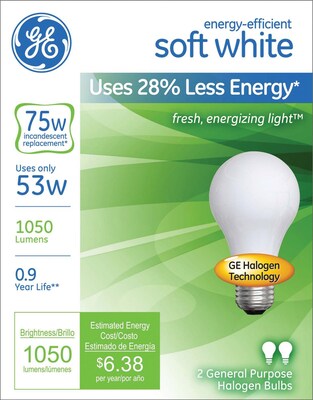 GE Halogen Bulb, 53 Watt, 1050 Lumen, A19, Soft White, 2/Pk