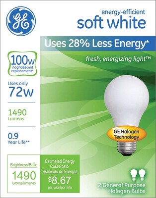 GE Halogen Bulb, 72 Watt, 1270 Lumen, Soft White, 2/Pk