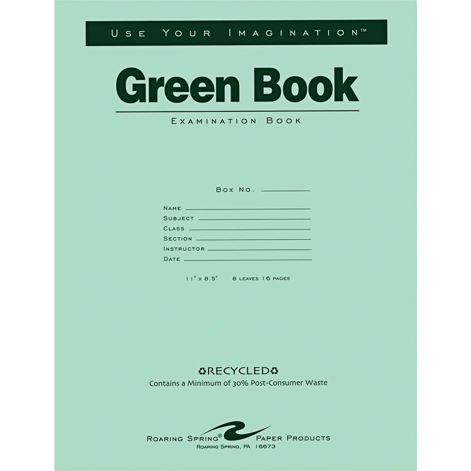 Roaring Spring Paper Products Exam Notebooks, 8.5 x 11, Wide Ruled, 8 Sheets, Green (77509)