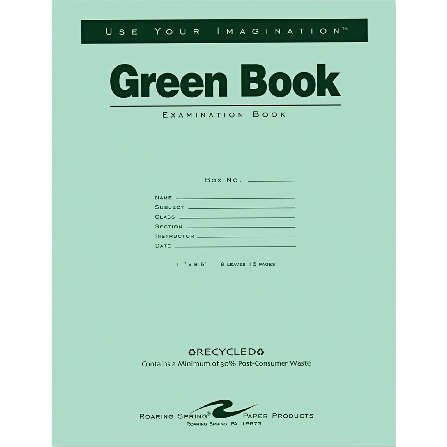 Roaring Spring Paper Products Exam Notebooks, 8.5 x 11, Wide Ruled, 8 Sheets, Green (77509)