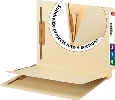 Smead Reinforced End-Tab Fastener Folders with Divider, 2-Fasteners, Letter Size, Manila, 50/Box (34220)