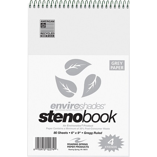 Roaring Spring Paper Products Enviroshades Steno Notebook, 6 x 9, 80 Sheets/Pad, Gregg Ruled, Recycled Gray Paper, 4 Books/Pk