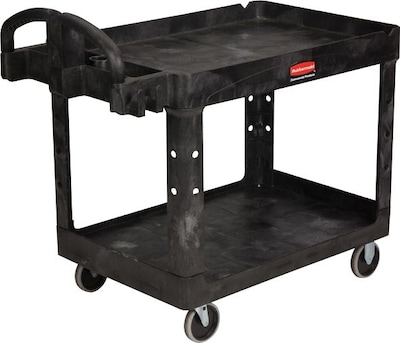 Rubbermaid Heavy Duty 2-Shelf Plastic/Poly Mobile Utility Cart with Lockable Wheels, Black (FG452088