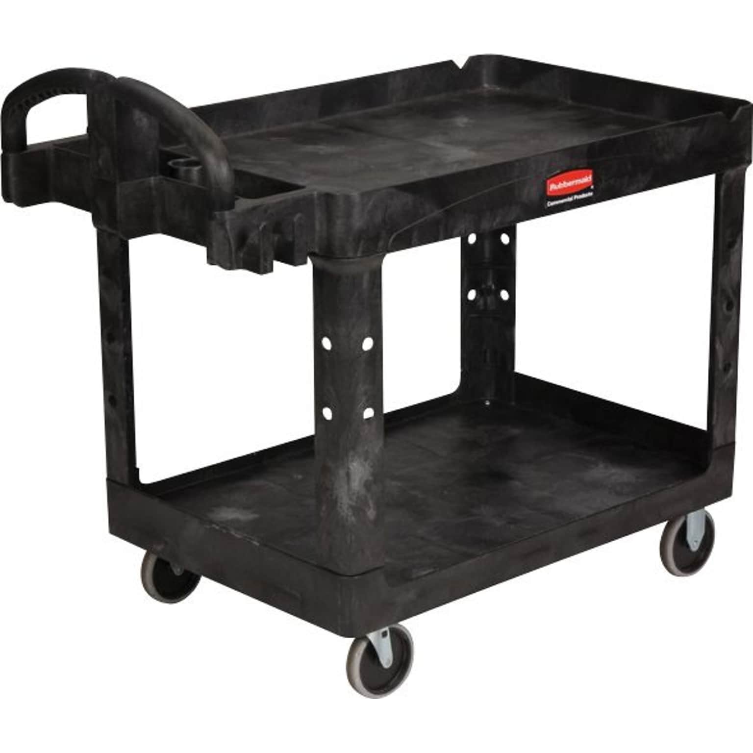 Rubbermaid Heavy Duty 2-Shelf Plastic/Poly Mobile Utility Cart with Lockable Wheels, Black (FG452088BLA)