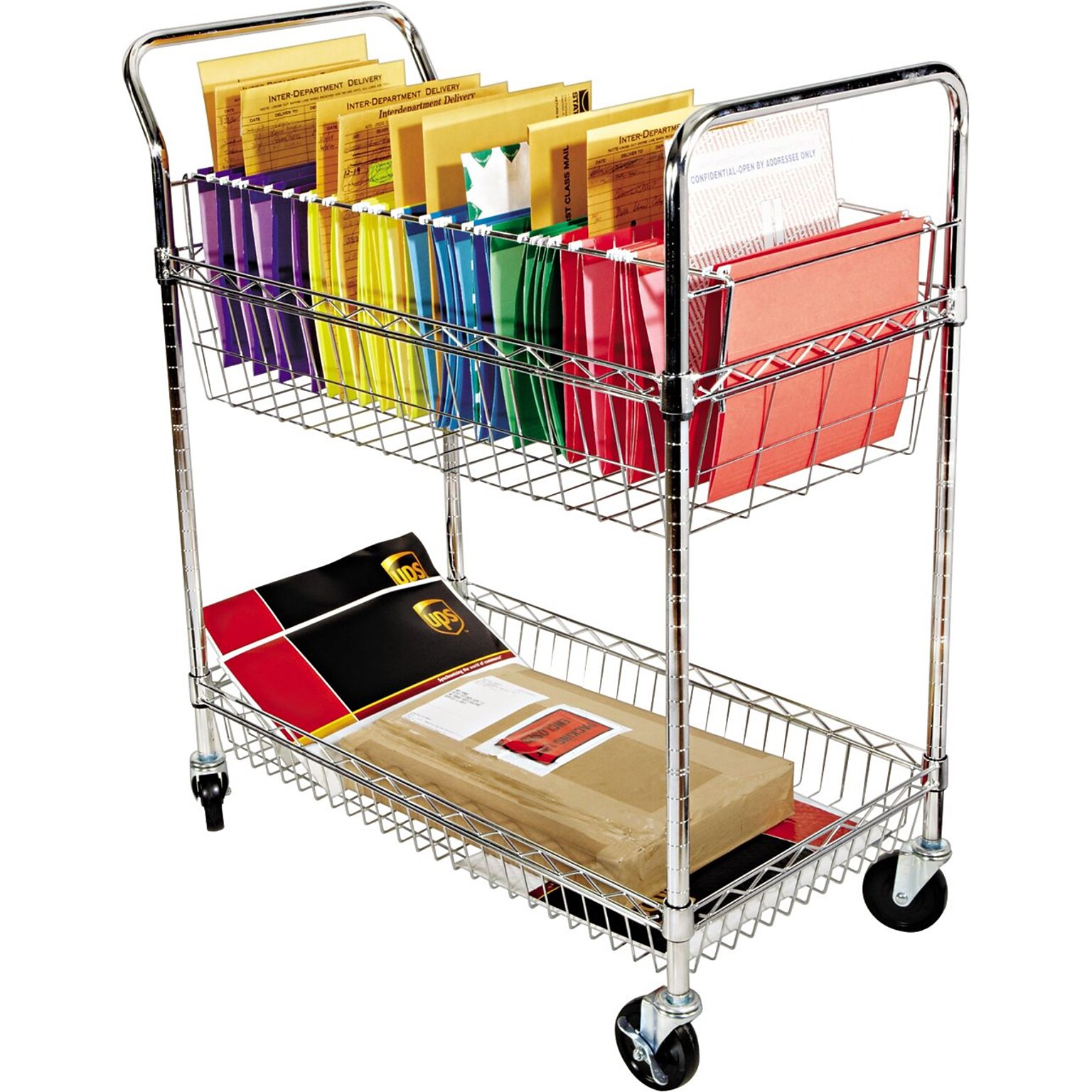 Alera® 39 1/2H x 34 1/4W x 21 1/2D 2-Shelf Wire Mail Cart; Chrome