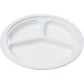 NatureHouse® Round Sugarcane Plate, 3 Comp, 10(Dia), White, 50/Pack