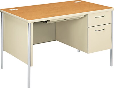 HON® Mentor Series Metal Single Pedestal Desk, Harvest Oak/Putty