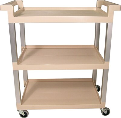 Rubbermaid® 31 1/2 Commercial Three-Shelf Service Cart With Brushed Aluminum Uprights, Beige (FG9T6571BEIG)
